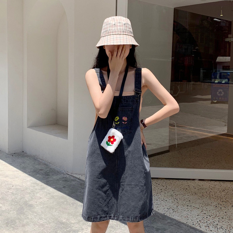South Korea 2021 summer new college style loose age-reducing student denim baby bag skirt women's small dress trend