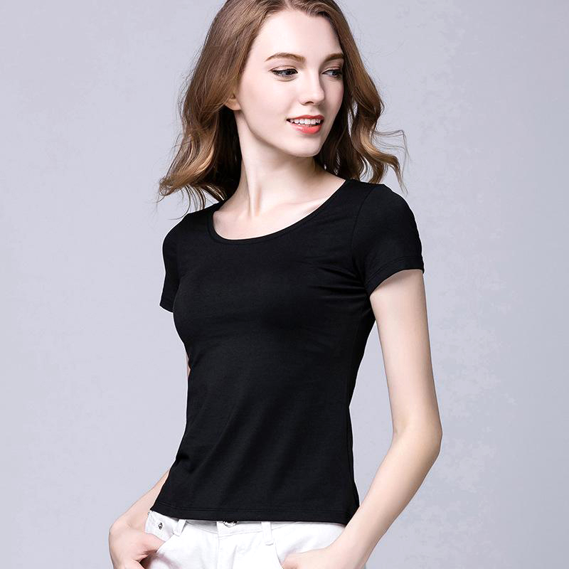 Fashion Black Hewn Woman Jersey Undershirt Woman Half Sleeve Summer Regular Sticky Slim T-shirt Round Collar Pure Color Woman T-Shirt Thin Short Sleeve-Taobao