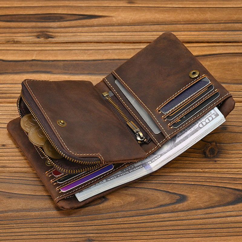 New Vintage Genuine Leather Short Wallet with Zipper Coin Pocket, Snap Button Wallet, Crazy Horse Leather, 80% off Multi-Card Slots Wallet