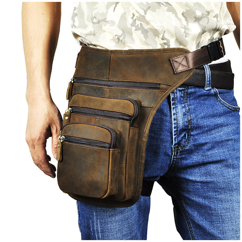 Men's leather belt bag multifunctional outdoor sports casual men's vintage first layer cowhide leg bag crazy horse skin oblique across the tide