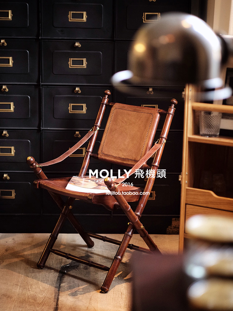 Molly aircraft head Dutch import Nordic retro made old cow leather chair oak casual dining chair Folding Chair Single Chair