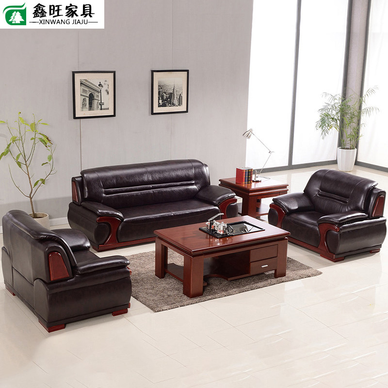 Office furniture Genuine Leather Cow Leather Sofa Tea Table Composition Modern Minima Business Trio reception Office
