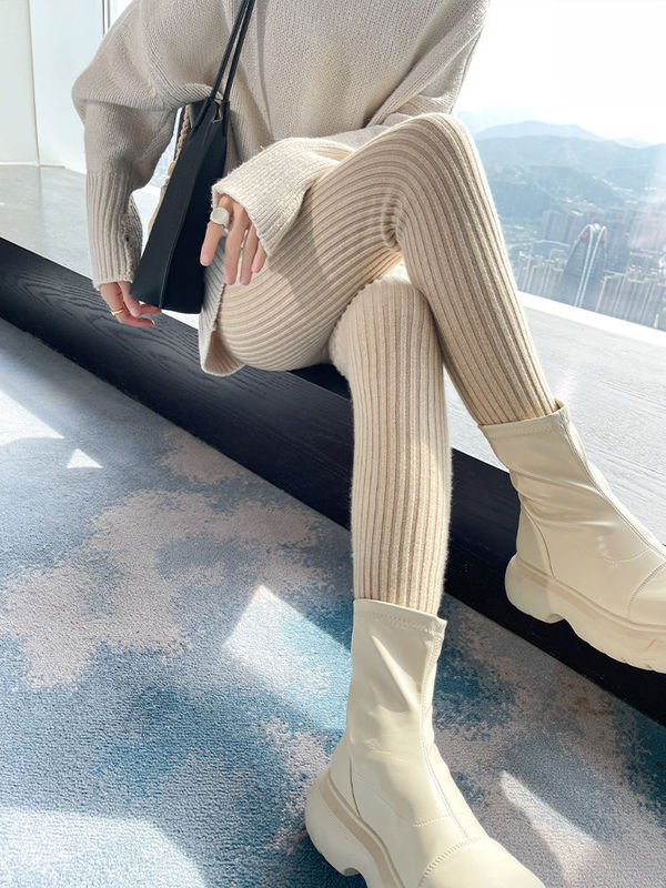 Ribbed Knit Leggings for Women, Thickened for Autumn and Winter, High-Waisted, Slim-Fit, Warm, Can Be Worn as Outerwear or Innerwear, Slimming, Cropped Pants, Trendy