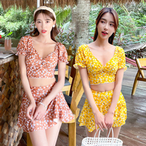Swimsuit womens new polyester split two-piece set small chest gathering beach flat corner skirt slim slim slim belly swimsuit