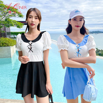 Swimsuit female thin skirt summer split two-piece polyester small chest gathered flat corner belly Conservative holiday swimsuit