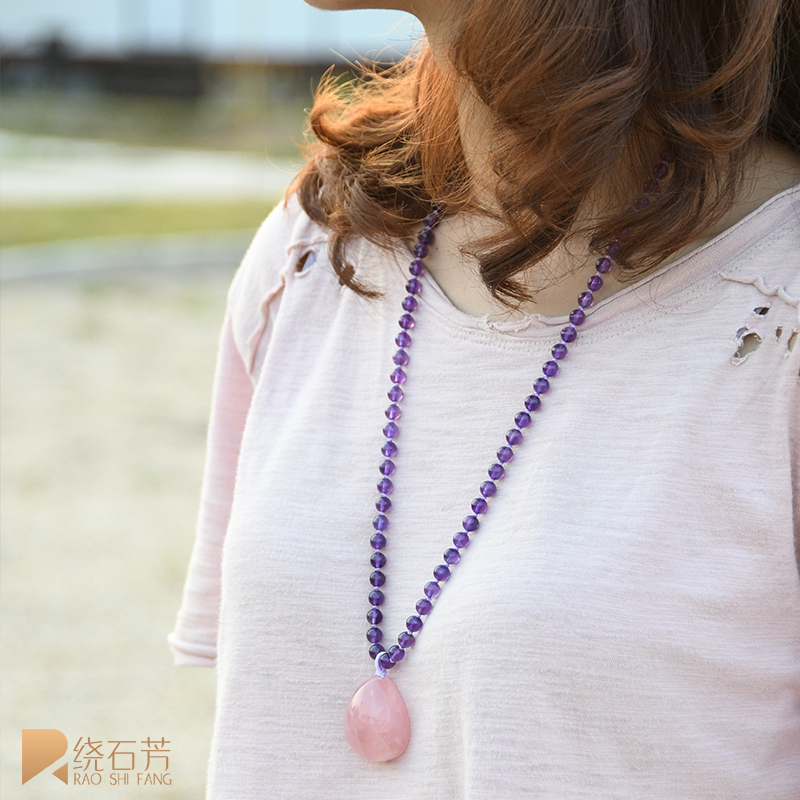 New pendant lanyard women's natural 6mm light amethyst lavender hand-woven high-end bead chain lanyard wild