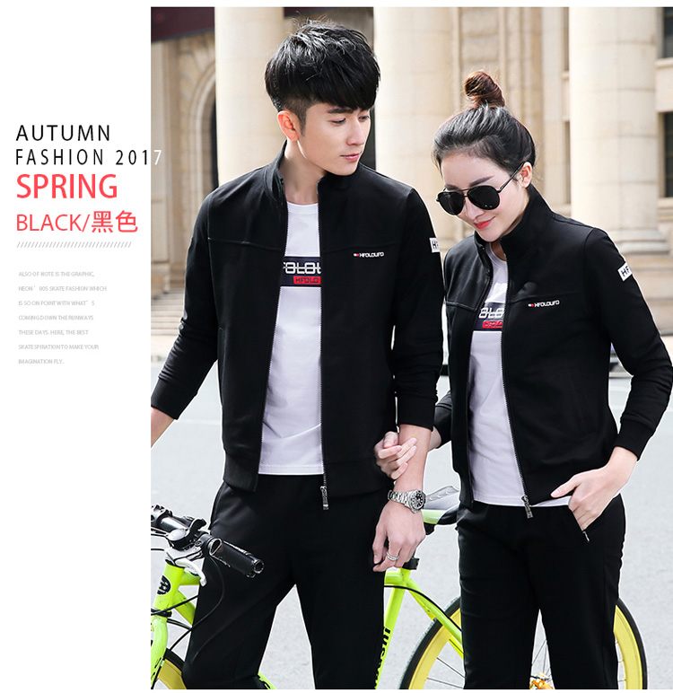 Cặp đôi set đồ mùa xuân 2017 thu đông mới đứng cổ áo dài tay nam nữ thể thao diện áo len cotton ba lỗ cỡ lớn giản dị bộ quần áo adidas nữ mùa hè