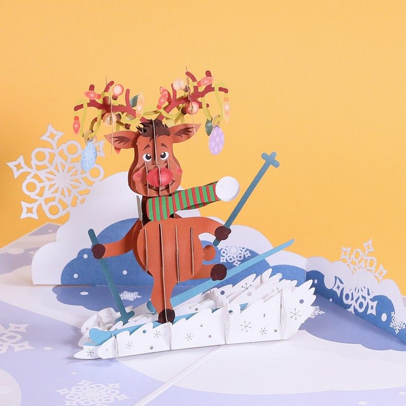 Skiing reindeer 3D stereoscopic greeting cards Christmas greetings Forcaille Christmas deer creative cartoon Christmas Eve sue white card