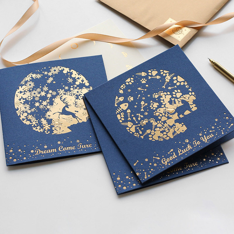 He Xiang high-end blue bronzing card animal Thanksgiving birthday gift plane New Year greeting card with envelope and inner page