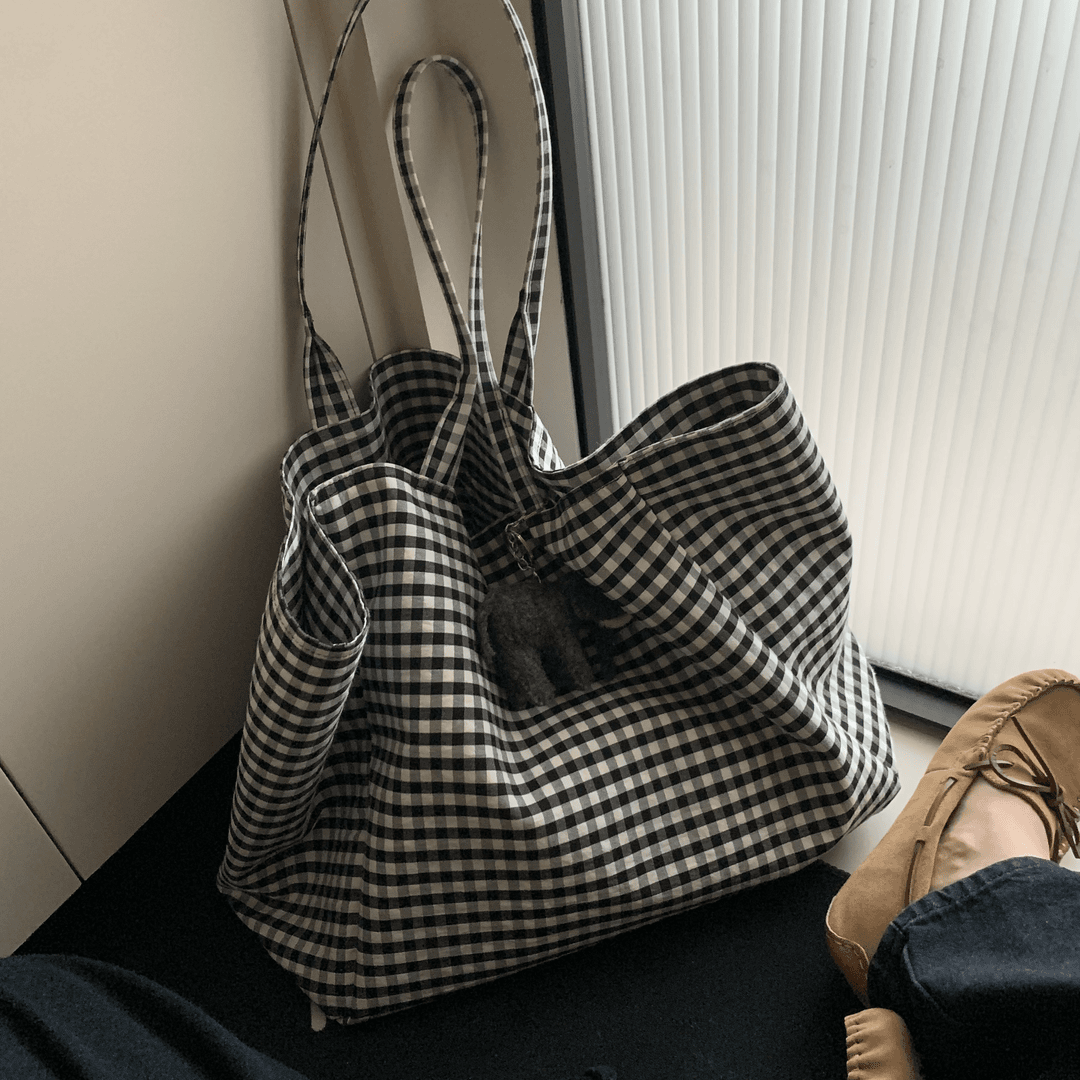 NNO ニッチデザイン 黒と白のチェック柄 レイジースタイル 大容量 ショルダーバッグ スクールバッグ ショッピングバッグ 通勤バッグ 2337