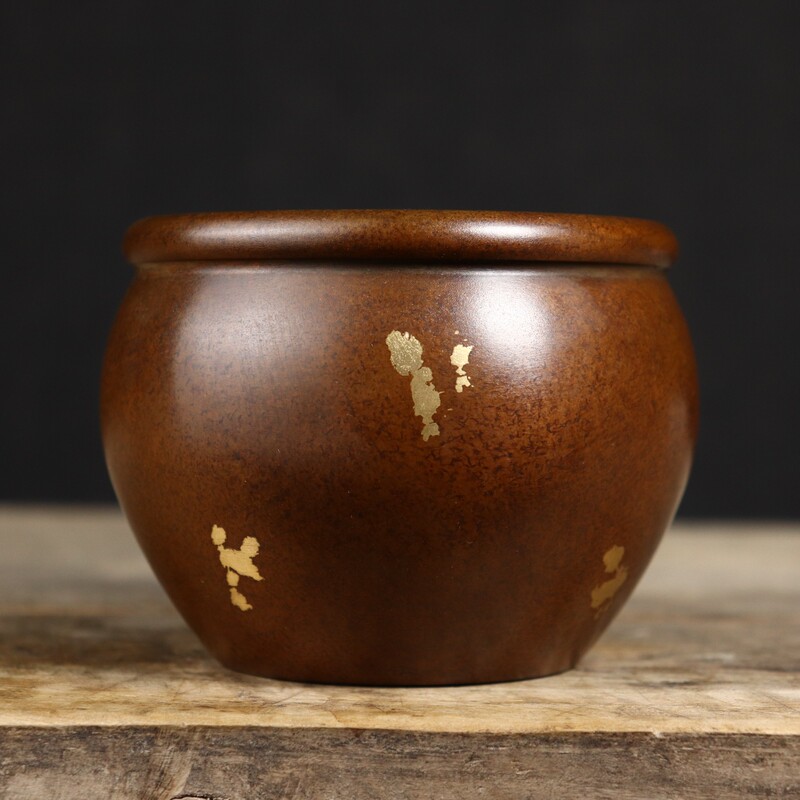 Pure Copper Vase Ornament, Forbidden City Double Lion Earrings, Purple Copper Vase with Gold Plating, Antique-Style Copper Incense Burner, Lion-Ear Wealth-Attracting Treasure Bowl
