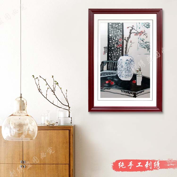 Quiet room red plum pure hand embroidery Cantonese embroidery Guang embroidery finished painting Craft gift decoration Study bedroom living room decorative painting