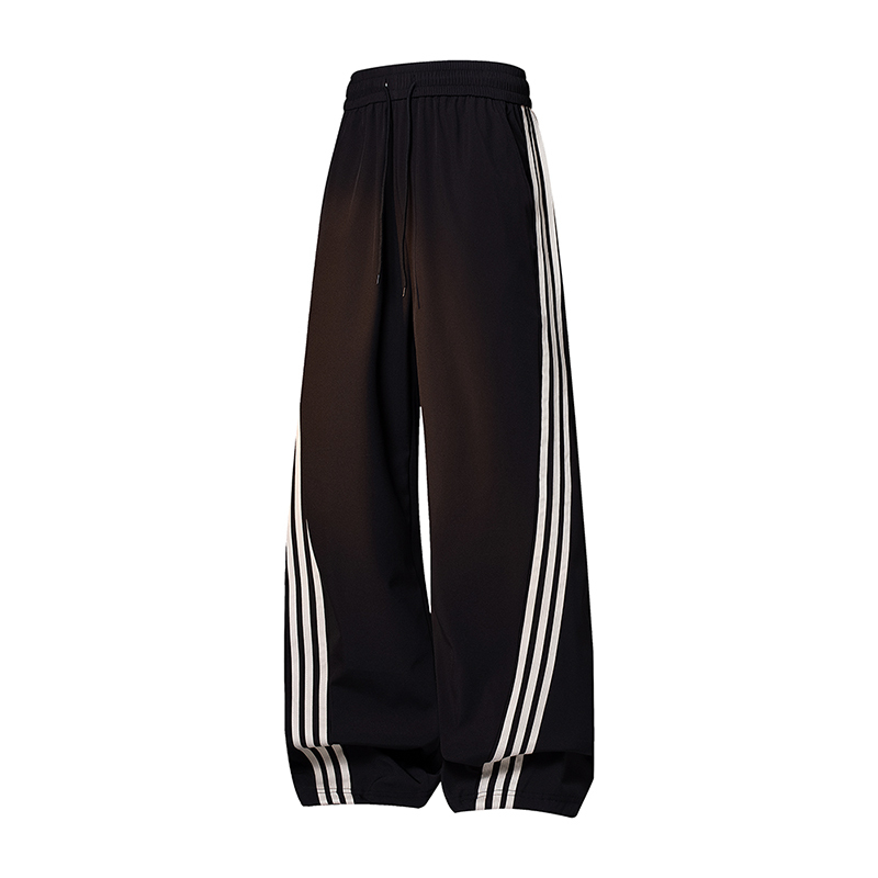 Summer Quick-Dry Ice Silk Pants with Three Stripes, Sports Long Pants for Men and Women, Black Drawstring Straight-Leg Casual Pants, Loose Wide-Leg Pants