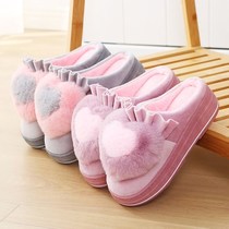  Cotton slippers womens thick-soled high-heeled Korean version of love cute plush indoor home slippers autumn and winter warm wear non-slip