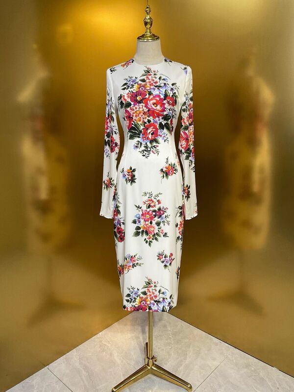 European and American Fashion Goddess White Background Large Floral 19mm Stretch Double Gauze Long-Sleeved Waist-Cinching Silk Dress High Quality