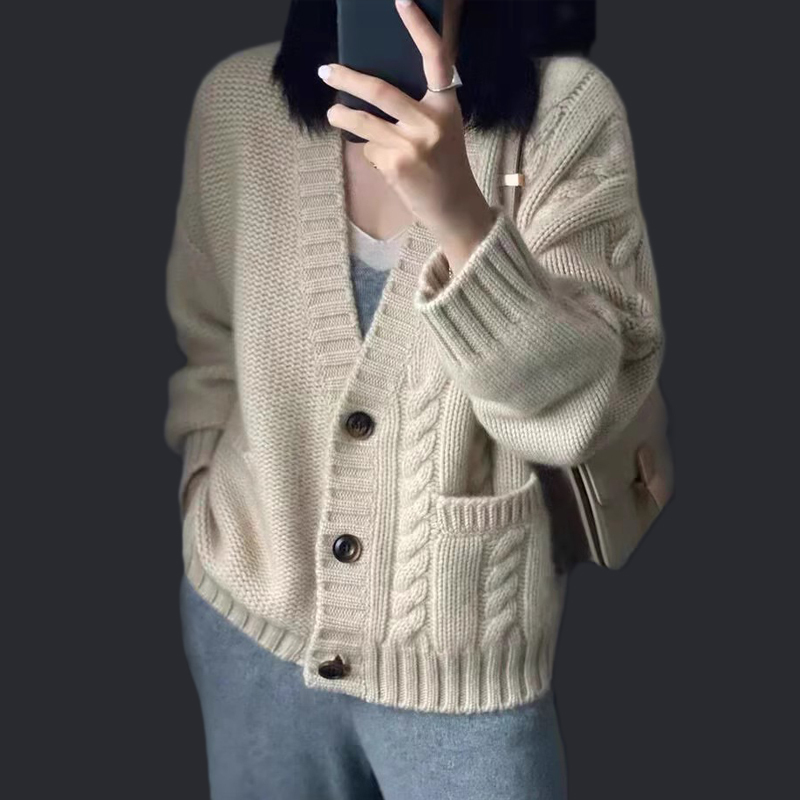 Autumn and Winter Heavyweight 100% Pure Wool Cardigan for Women, V-Neck, Cable Knit, Thick Sweater, Loose and Lazy Style, Knitted Jacket, Customizable