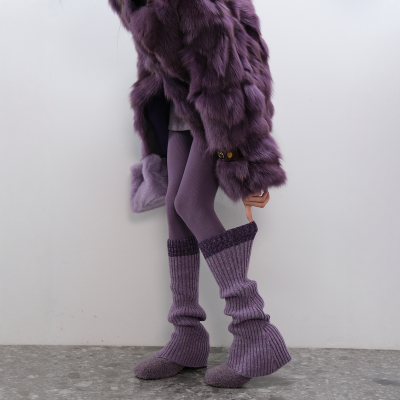 Color-Blocked Knitted Wool Vertical Stripe Purple Sock Warmers for Women, Thick Mixed-Color Warm Winter Layering Purple Leggings Df