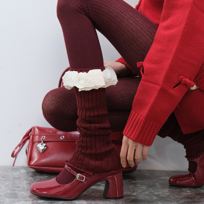 Lolita Lace Leg Warmers for Women, Winter New Year Style, Christmas Red Leg Warmers, Layered Wine Red Pantyhose Df