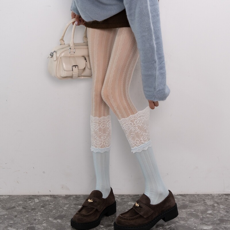 2Sd Island "Vienna Waltz" Baby Blue French Design Mesh Translucent Jacquard Calf Socks Autumn