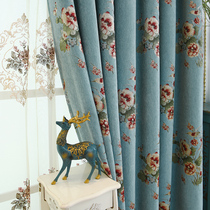 European style finished dark blue physical shading embroidery jacquard curtain hook bedroom living room light 2018 New