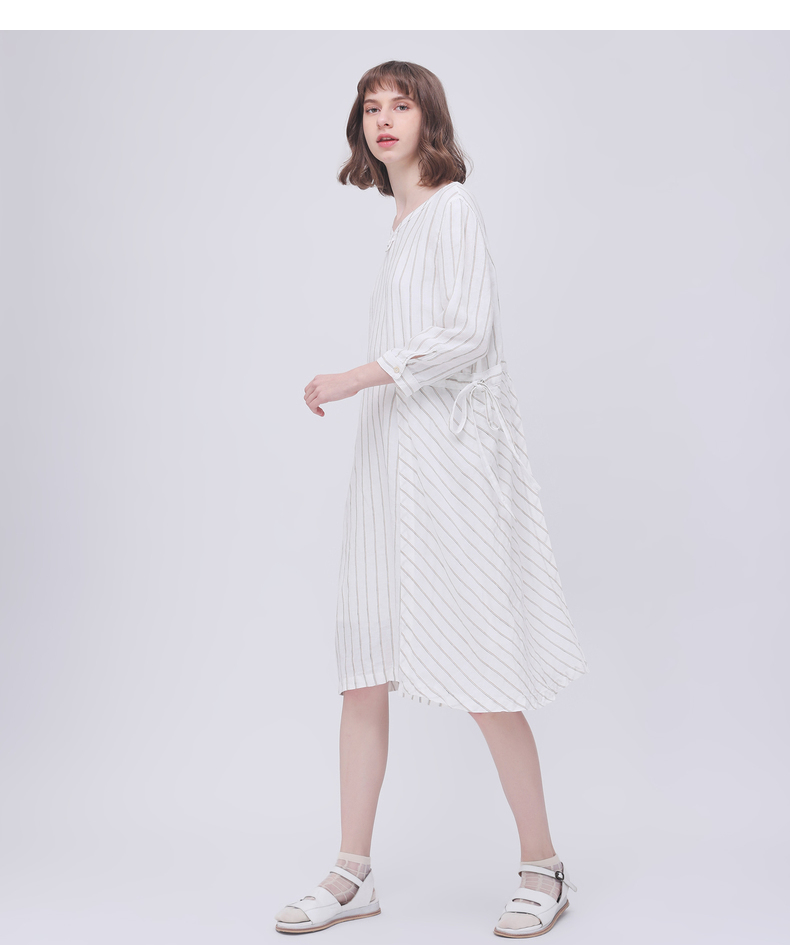 Gumu Xi Yang GMXY2018 phụ nữ mùa hè mới loose-leaf sọc linen dress new mát mẻ mát mẻ váy