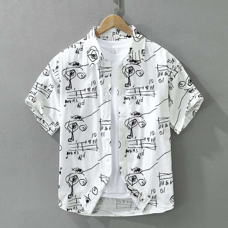 Personalized All-Over Print Trendy Short-Sleeved Shirt for Men, New Summer Style, Pure Cotton Graffiti Print Casual Shirt with Loose Fit and Turn-Down Collar