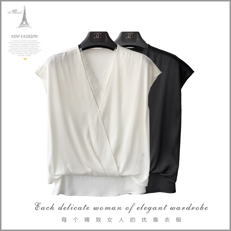 22mm Silk Georgette Satin Short-Sleeved Shirt for Women, Eyelash Lace Splicing V Neck Covered Sleeves Fake Two-Piece Shirt Summer 22mm Silk Georgette Satin Short-Sleeved Shirt for Women, Eyelash Lace Splicing V Neck Covered Sleeves Fake Two-Piece Shirt Summer