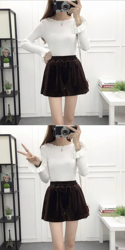 Quần short nữ mùa đông 2018 phiên bản Hàn Quốc mới của quần short nhung hoang dã Quần short cạp cao quần ống rộng ống rộng quần nữ mùa thu đông