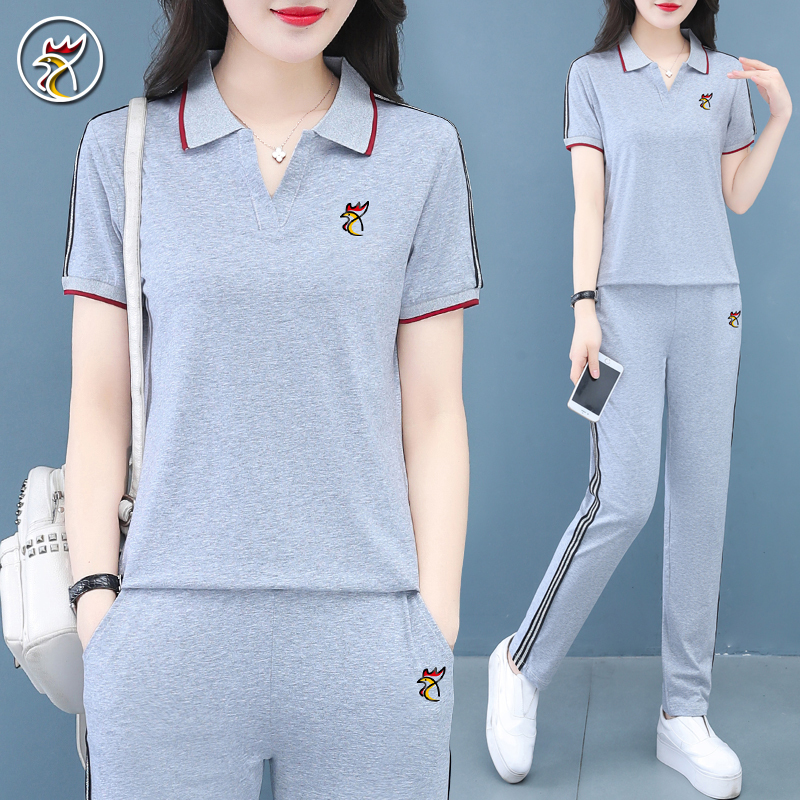 Brand Sportswear Suit for Women, New Summer Style, Pure Cotton, Fashionable Dance Wear, Plus Size, Slimming, Casual Short-Sleeved Two-Piece Set