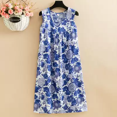 Mom cotton silk dress summer sleeveless medium and long version of the elderly nightgown home large size round neck loose grandma pajamas