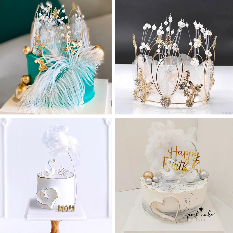 Pearl mesh crown birthday cake fitted with feather swan princess yellow crown decoration creative pop net red in