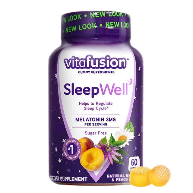 VitafusionSleepWell peach gummies melatonin ສໍາລັບຜູ້ໃຫຍ່ຊາວອາເມລິກາ, 60 ແຄບຊູນຂອງເຂົ້າຫນົມອົມນອນ