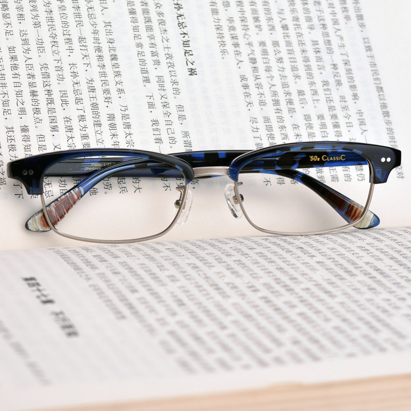 Japanese handmade glasses frame myopia plate round face small square eyebrow frame 50S classic blue hawksbill
