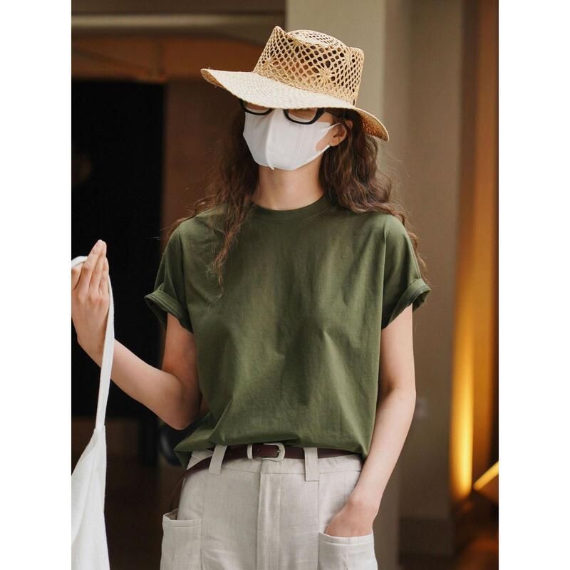 Military Green Short-Sleeved T-Shirt, New Summer Style, Solid Color, Korean Style, Loose Fit, Pure Cotton, Slimming, Casual Round Neck Top for Women