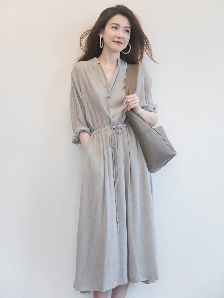 Faahion2022 spring new dress femininity long skirt retro waist thin shirt bottoming skirt