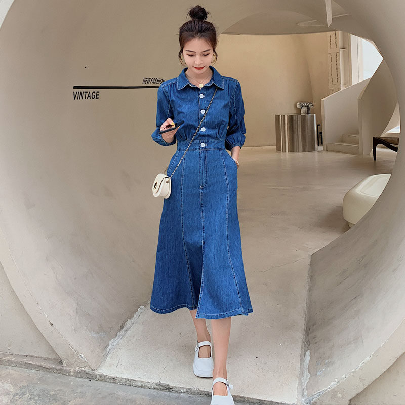 Faahiono denim shirt dress ladies long section 2021 summer new casual slim waist denim skirt