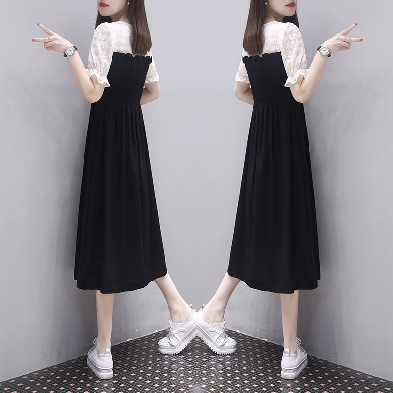 Faahiono spring 2022 new lace stitching elastic waist is thin and fake two-piece temperament A-line dress women