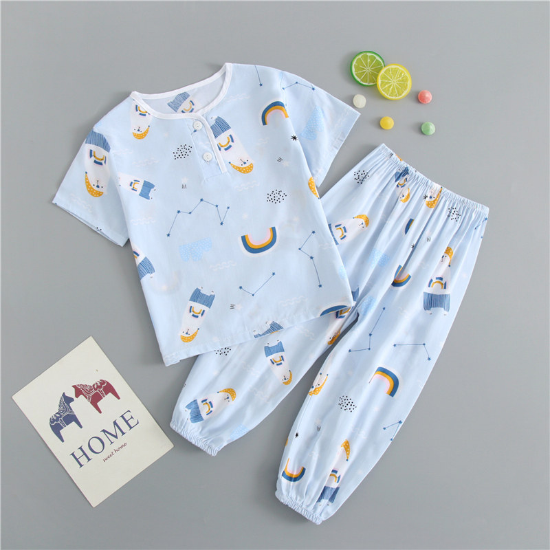Boys cotton silk thin casual home air conditioning clothes Summer children's girls short-sleeved bloomers pajama suit baby