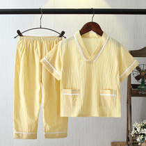 Boys V-neck pullover simple cotton cotton yarn pajamas Short-sleeved trousers Home clothes set Gauze in the big child baby