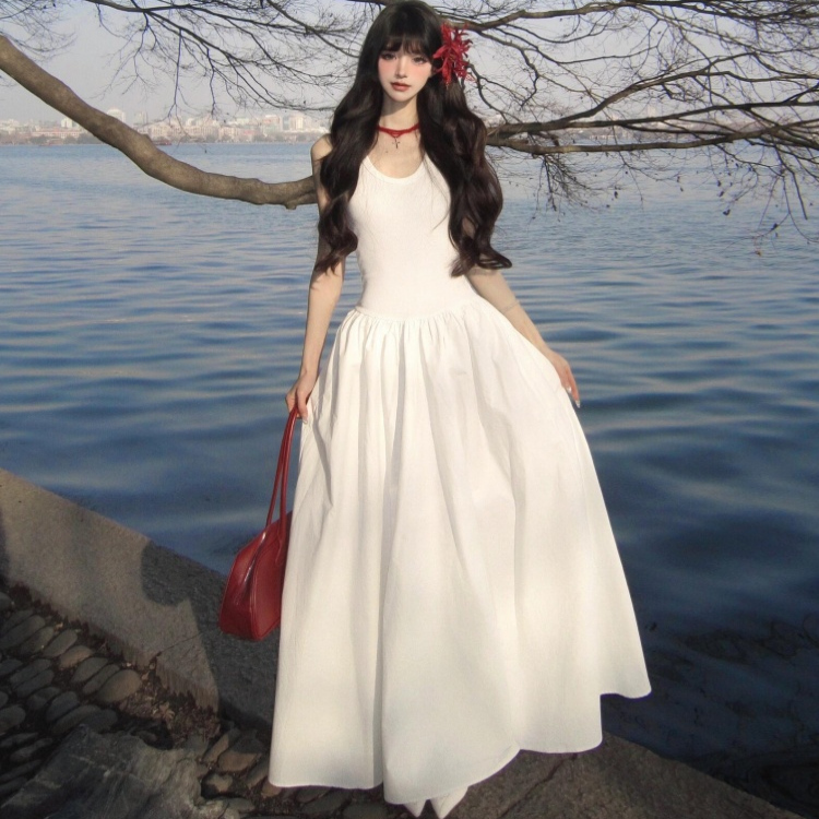 170cm Tall Long White Spaghetti Strap Puffy Dress High-Waisted Slimming Floor-Length Fairy Dress for Women