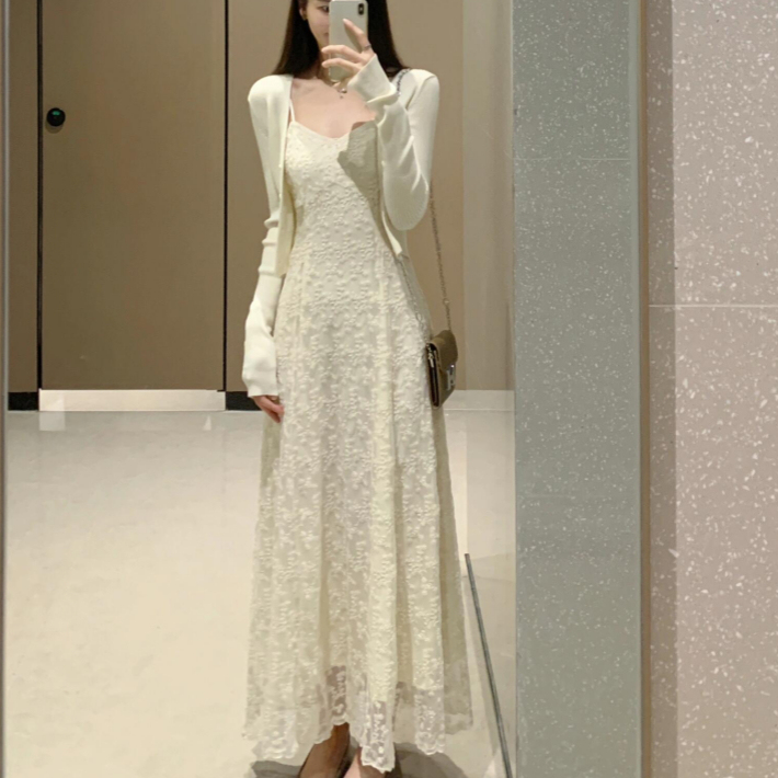 175cm Tall Women's Extra-Long French Lace Slip Dress, Ankle-Length, Waist-Cinching, Slimming, Floor-Length Dress for Women