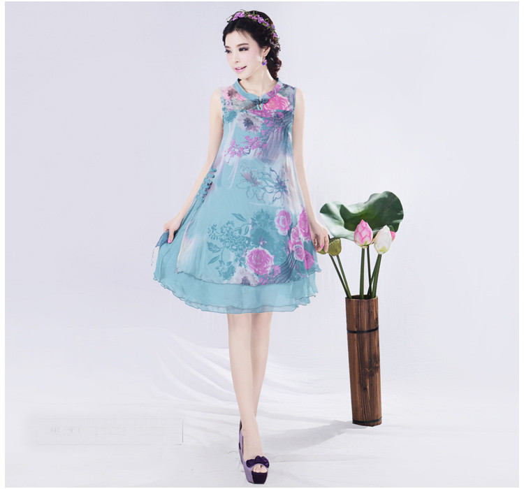 2018 pháo hoa mùa hè mới nữ retro in phiên bản lỏng lẻo đầm voan váy suông chữ a