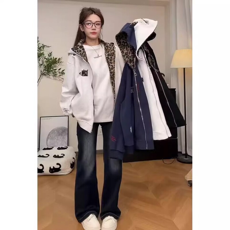 American Retro Embroidered Devil Leopard Print Patch Hooded Zipper Sweatshirt 2025 Autumn New Trendy Unisex Jacket