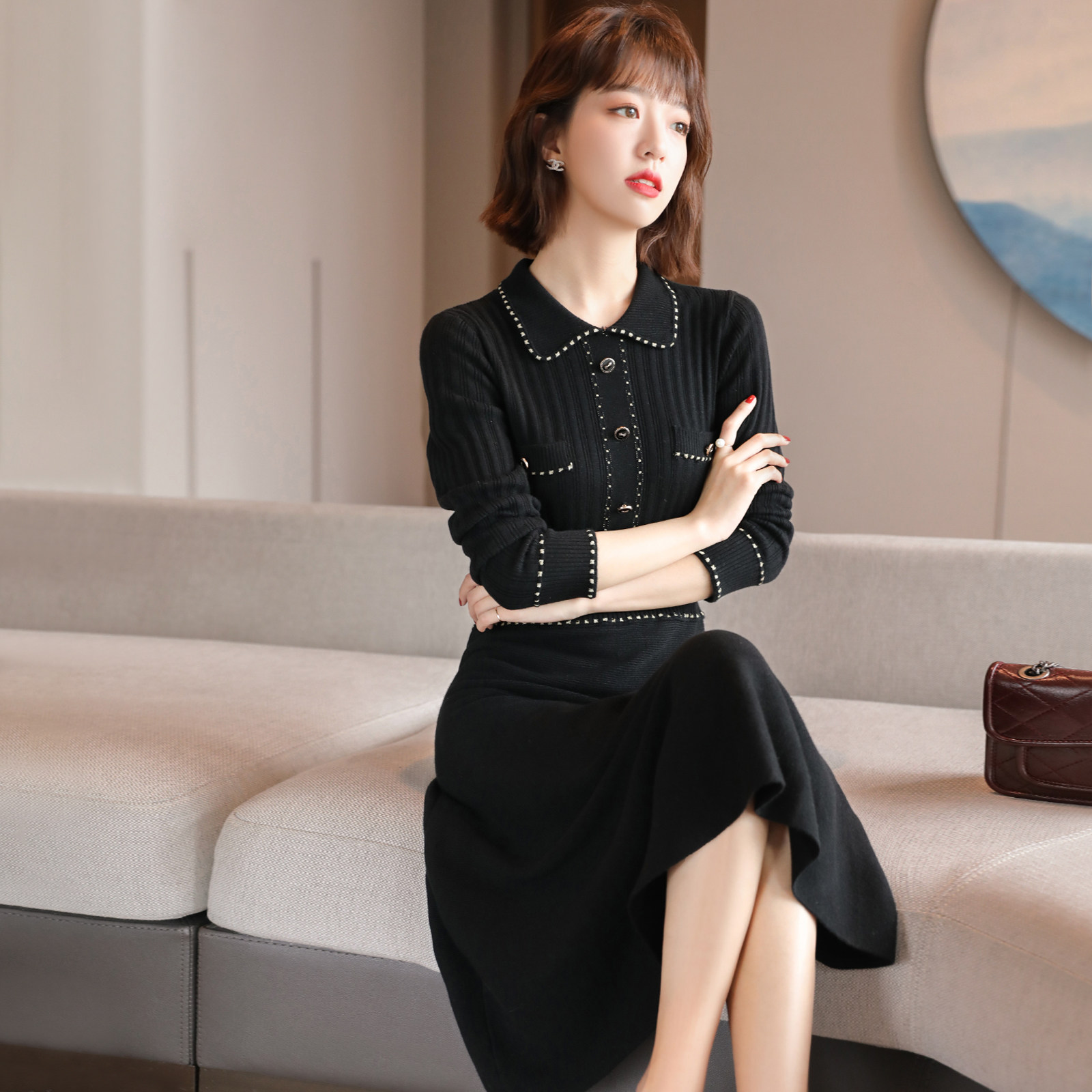 FENPERATE 2022 Fall 2022 Golden Wire Weaving Top High Waist Elegant Commuter Black Long Sleeve Costume Woman