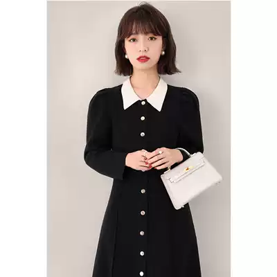 Spring 2021 new bubble sleeve temperament lapel small black skirt thin waist solid color knitted dress female