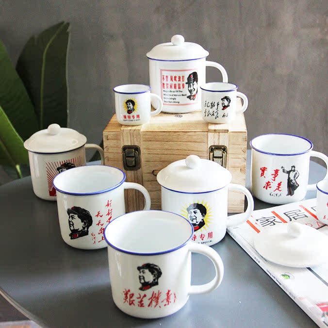 Retro Imitation Enamel Cup Nostalgia Classic With Lid Old Fashioned Ceramic Mug Creative Office Mark Cup Water Cup Tea Vat