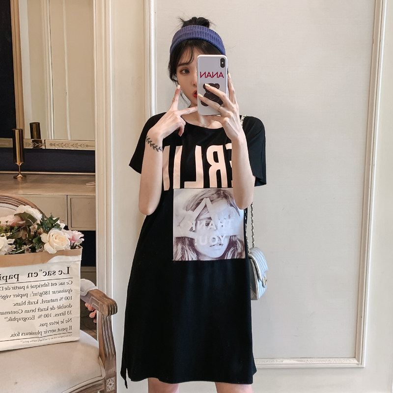 Maternity T-shirt cotton short-sleeved summer dress Korean version loose large size medium and long version cartoon printing fashion tide mother dress