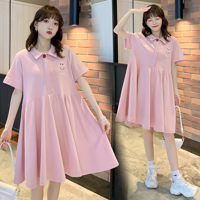 Pregnant Woman Spring Clothing Fashion Dress Fashion Splicing Medium Long Version Dresses Loose Outside Wearing Net Red Short Sleeve Summer Dress Ocean Wave