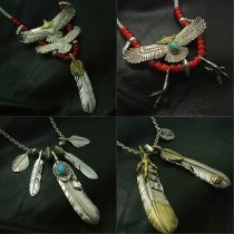 Broken Bronze Gothic 925 pure silver grand eagle feather necklace personality male and female deer leather rope taijiao chain sweater chain