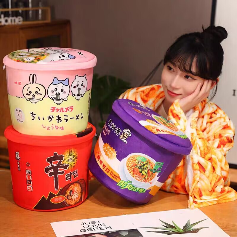 Simulated Instant Noodle Pillow Blanket, a Bucket of Instant Noodles Plush Toy, Creative Car-Mounted Office Adult Nap Blanket